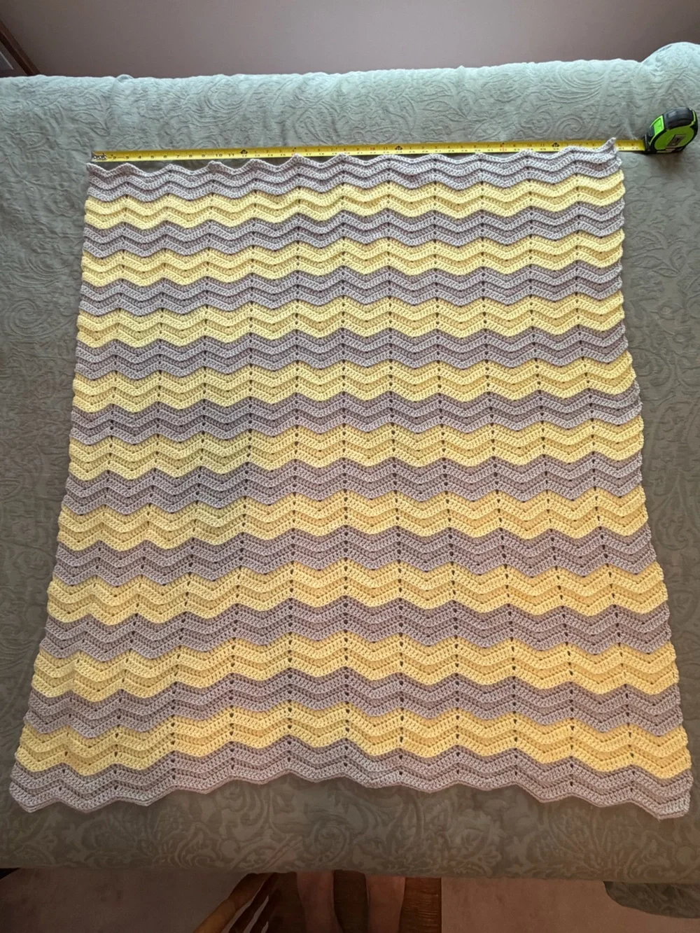 Hand Crocheted Yellow Grey Chevron Ripple Afghan Baby Blanket Throw 40x46